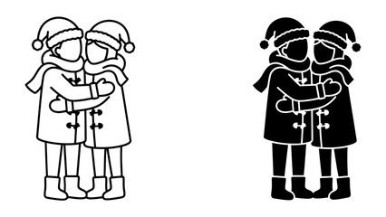Fototapeta premium Two people hugging in winter clothes. They are wearing santa hats and scarves. A black and white illustration