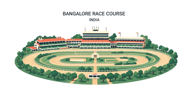 Flat vector illustration of the Bangalore Race Course in India, showing the oval horse racing track with multiple lanes, grandstands, green landscape, and trees on a white background.