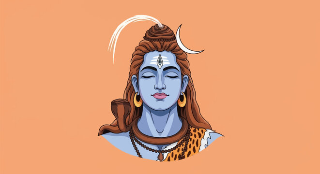 Vector portrait of Hindu deity Lord Shiva with blue skin, third eye, crescent moon, Ganga in matted hair, cobra snake, rudraksha beads, and leopard skin garment on orange background.