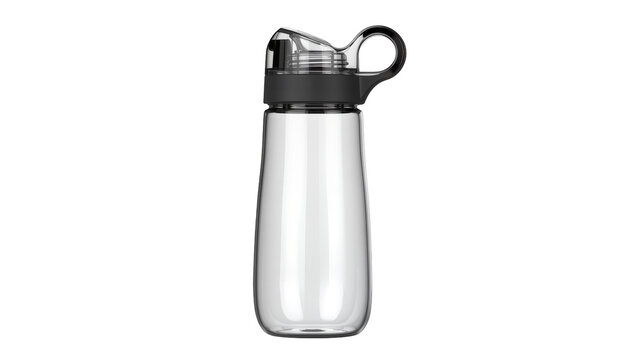 Clear plastic water bottle with black flip-top lid and carrying loop