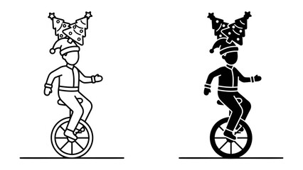 Christmas Elf Balancing Christmas Tree on Unicycle: A cheerful Christmas elf wearing a festive Santa hat, rides a unicycle with a stack of Christmas trees balanced precariously on its head. © Md