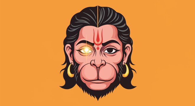 Detailed vector illustration of Lord Hanuman face featuring a glowing eye, red tilak, and gold earrings on an orange background, representing the Hindu monkey deity in a modern style.