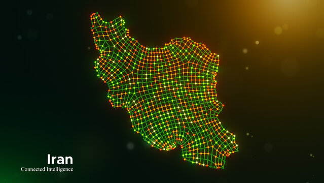 Iran connected intelligence concept featuring a digital node network map and modern typography on a vibrant green yellow orange technology background with glowing bokeh lights.