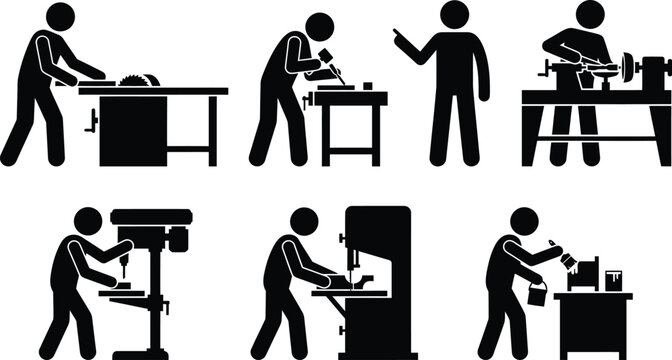 Set of woodworking, carpentry, and furniture making worker silhouettes