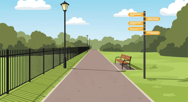Vector illustration of a paved public park footpath featuring a wooden bench, black metal fence, street lamps, and multi-directional signposts under a blue sky with white clouds.