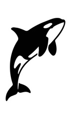 Naklejka premium Minimalist black silhouette of a breaching killer whale with clean curves and simplified geometric anatomy isolated on a white background, marine wildlife concept