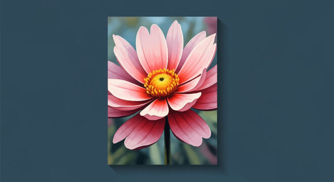 Stylized oil painting illustration of a blooming pink flower with red accents and a yellow center, set on a vertical canvas against a dark teal background with drop shadow effect.