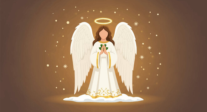 Flat vector illustration of a faceless female angel with large white wings and golden halo standing on a cloud against a sparkling golden brown background with praying hands.