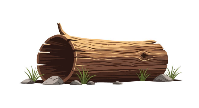 Vector illustration of a hollowed-out ancient dead tree log resting on ground with small grey rocks and green grass tufts, isolated on white background for forest landscape design.