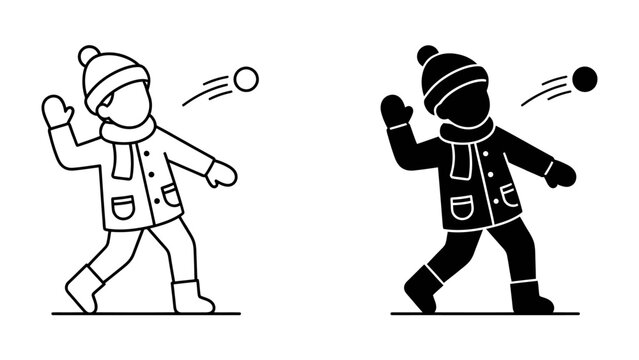 Snowball Fight Fun: Two stylized children, one in outline and one in silhouette, engage in a playful snowball fight, throwing snowballs with joy and energy.