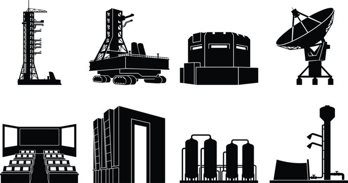 Black Silhouette Vector Collection of Industrial Structures, Space Exploration Facilities, and Technology Icons
