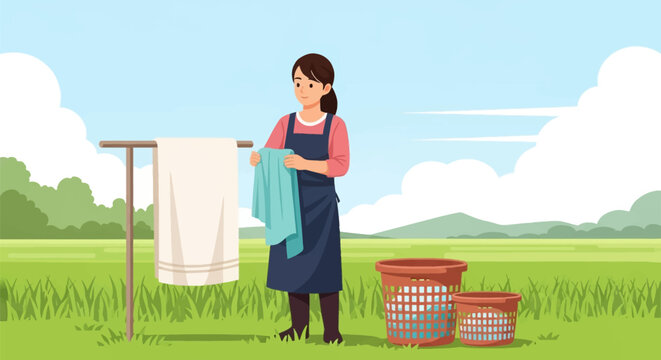 Asian woman wearing an apron hanging blue and white laundry on a wooden rack outdoors in a green field under a clear blue sky with clouds, using plastic laundry baskets for housework.