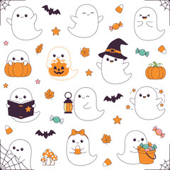 Fototapeta premium Kawaii halloween pattern with ghosts pumpkins and fall elements