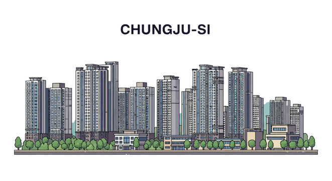 Panoramic vector illustration of Chungju-si city skyline in South Korea featuring high-rise residential apartment buildings, urban architecture, and green trees in a flat line art style.