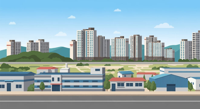 Panoramic flat vector illustration of an urban landscape featuring industrial warehouses in the foreground and a dense skyline of high-rise residential apartment buildings.