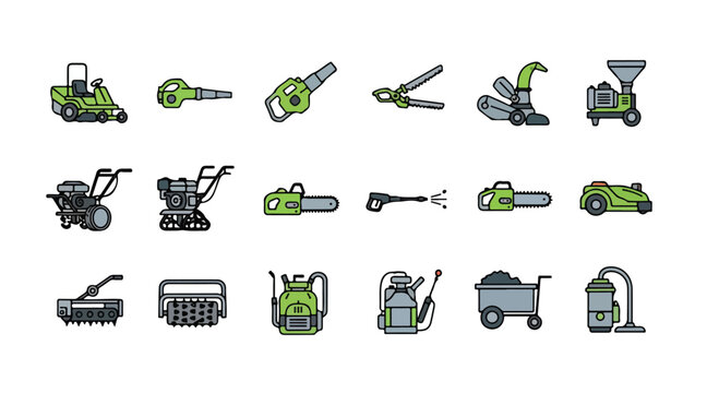 Set of gardening and landscaping equipment icons.