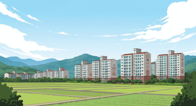 Panoramic 2D vector style illustration of multi-story residential apartment buildings overlooking green rice fields and agricultural land with mountains under a bright blue sky.