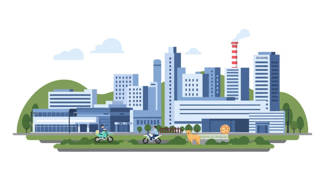 Flat vector illustration of a panoramic urban landscape in Ochang, featuring modern office buildings, a factory with a smoke stack, green hills, and people riding motorcycles.