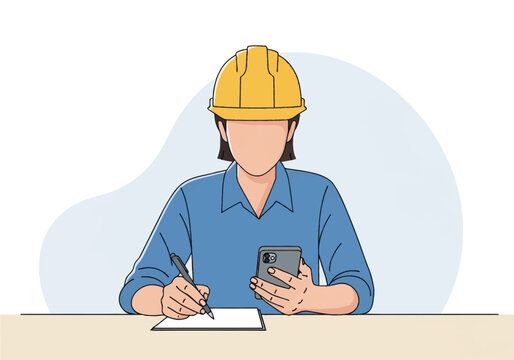 Flat vector illustration of an engineer in a yellow hard hat and blue shirt, sitting at a desk while holding a smartphone and writing on paper with a pen for project planning.