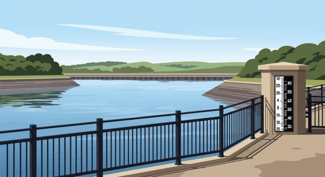 Vector illustration of a water reservoir and dam featuring a concrete walkway, black metal safety fence, and a vertical water level staff gauge against a backdrop of rolling green hills.