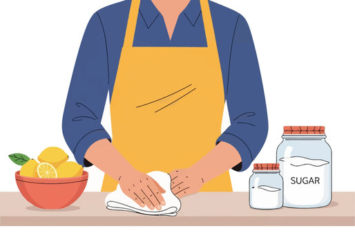A person wearing a yellow apron and blue shirt wiping a kitchen counter with a white rag, next to a bowl of lemons and jars of sugar in a flat vector illustration style.