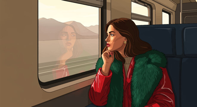 Vector illustration of a pensive woman in a red patent leather coat with a green faux fur collar sitting on a train, looking out the window at mountains with her reflection visible.