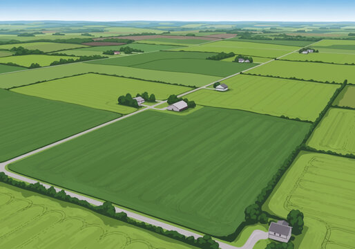 Aerial view illustration of agricultural farmland featuring green rectangular crop fields, country roads, farmhouses, and small clusters of trees under a clear blue horizon.