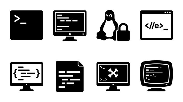 Coding and Technology Icons Set: Computer, Linux, Terminal, Code Snippets, Security, Programming Symbols