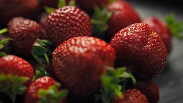 Vibrant pile of freshly picked red strawberries lies on a rustic wooden table, showcasing a bountiful summer harvest of juicy fruits and berries, concept of seasonal produce during the summer harvest