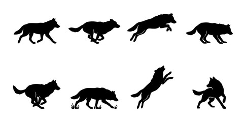 Obraz premium Wolf Silhouette Animation Sequence, Running, Jumping, Howling, and Standing Vector Icons. Wild Animal Motion Graphics Set.