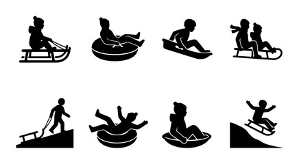 Fototapeta premium Winter Fun Silhouette Icons, Snow Sledding and Tubing Vector Graphics, Children Enjoying Snowy Activities, Set of 8 Black and White Graphics
