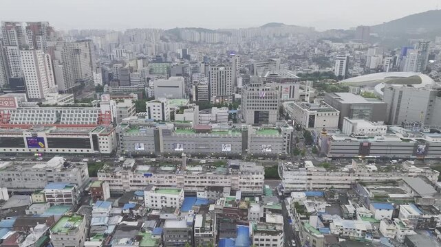 Aerial Drone View of Jongno Cityscape near Dongmyo Station and DDP Dongdaemun Design Plaza in Seoul, South Korea