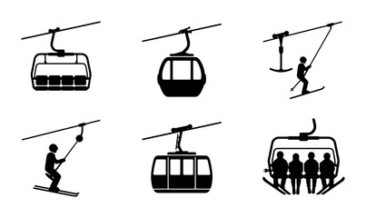 Ski Lift Icons Set, Gondola Cabin & Chairlift Transport, Winter Sports Aerial Cableway Vector Graphics Collection © Nahid