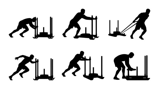 Fitness Sled Push and Pull Silhouettes, Strength Training Exercise Set, Athletic Workout Vector Icons for Sports and Health Concepts