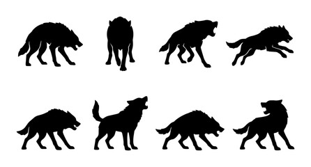 Fototapeta premium Wolf Silhouettes Collection: Dynamic Poses, Wildlife Vector Icons, Animal Graphics for Nature Themes, Hunting Concepts, and Wilderness Designs