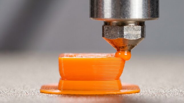 3D Printer Nozzle Extruding Glossy Orange Filament Showing Additive Manufacturing
