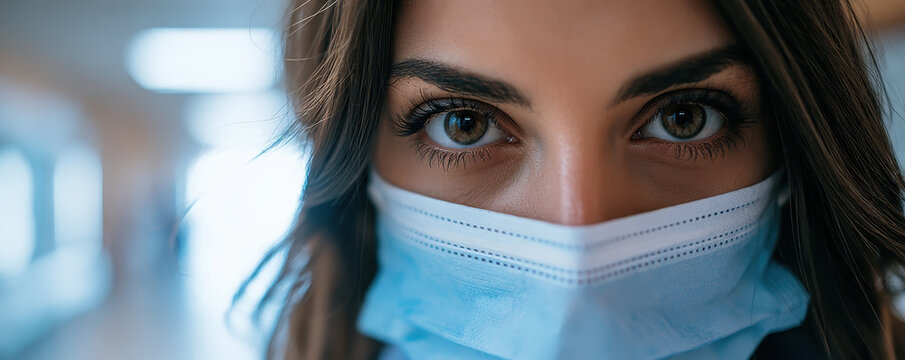 Closeup healthcare worker eyes mask female medical face hospital corridor focus emotion serious pandemic protection clinic nurse doctor safety virus infection prevention surgical hygiene