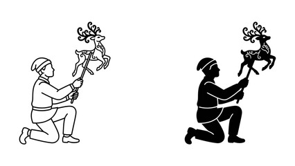 Child with Reindeer Puppet: A young child, dressed in festive attire and a hat, kneels while holding a wooden reindeer puppet on a stick, one illustration in outline and the other in silhouette. © Nadim