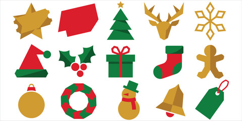 Flat vector collection of Christmas and winter holiday symbols including tree, gift, and reindeer icons on white background © Pronob Kumar Ray