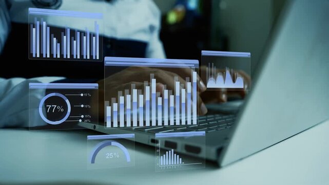 Businessman hands using a laptop with holographic floating data charts and graphs on the screen, Holographic business data analysis on laptop with digital charts
