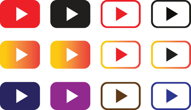 A collection of twelve colorful play button featuring solid filled shapes and outlined rectangular frames on a clean white background