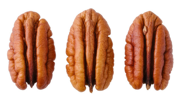 Three whole pecan halves with textured brown shells