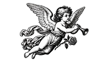 Cherub blowing trumpet with rose and flowing drapery © Niklas