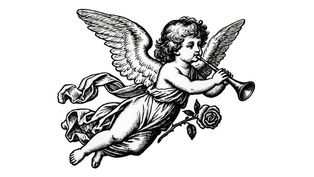 Cherub blowing trumpet with rose and flowing drapery