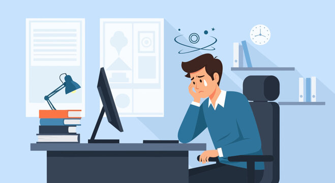 Overwhelmed Male Employee Experiencing Stress While Working At His Office Desk