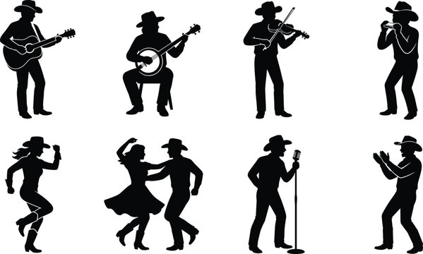 Country Music and Dance Silhouette Icon Set Featuring Musicians, Singers, and Performers in Cowboy Hats