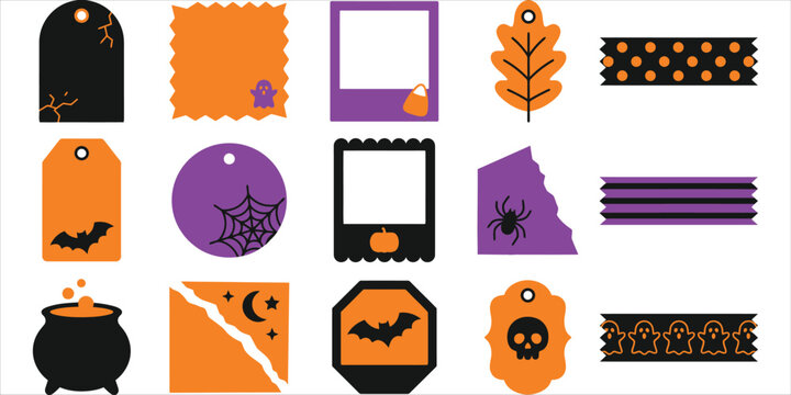 Halloween scrapbooking vector element set with tags labels frames and borders in orange black and purple