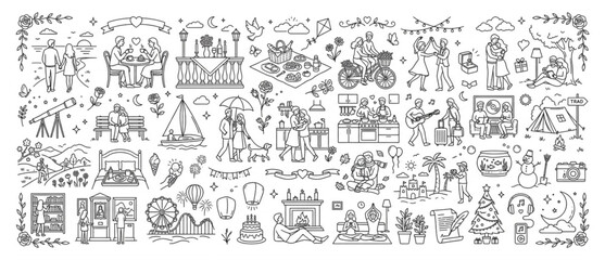 Obraz premium Romantic couple activities and lifestyle milestone illustration collection outline icon set with lifestyle activities relationship anniversary recreation monochrome together traveling