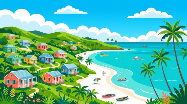 Barbados Coastal Landscape with Chattel Houses