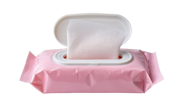 Pink wet wipes package with open lid and white tissues